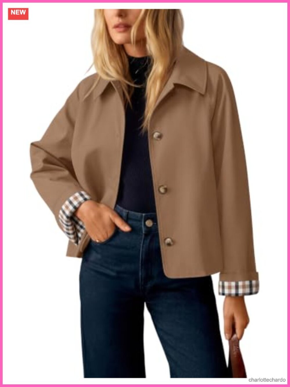 Cropped Trench Coat Plaid Button Front Fall Jacket Lightweight Lapel